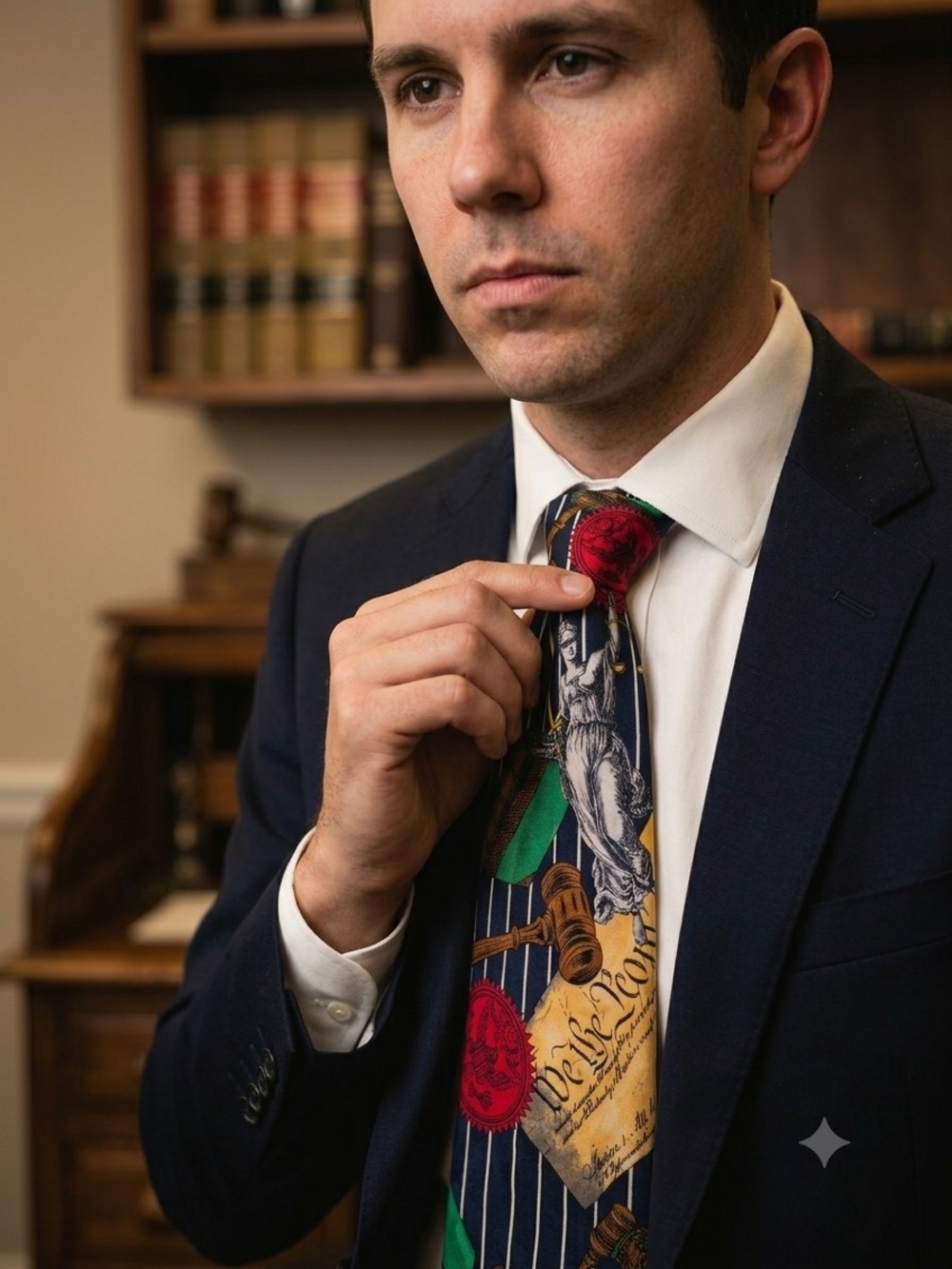 Navy Striped Silk Hand Made Tie with Red and Green & Yellow Accents